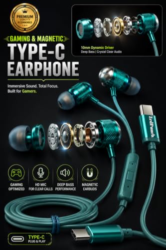 Image of ZedPunch Gaming Type-C Wired Earphone with Mic, 10mm Dynamic Bass Driver, Magnetic in-Ear Headphones, Low Latency Sound for Gaming, 1 Button Control, HD Calling, Voice Assistant (Light Green)
