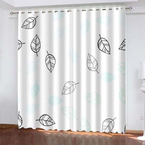 ANAZOZ Cortinas de Salón con Ojales,2 x 244W x 214H CM,Cortinas para Habitación Opacas 2 Paneles Patrón de Hojas Cortina Negro Blanco Dormitorio