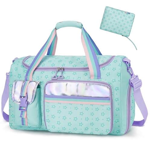 WOOMADA Travel Duffle, Weekend Bag with Wet Pocket & Trolley Sleeve, Gym Dance Bag With Shoe Compartment(Star Turquoise)