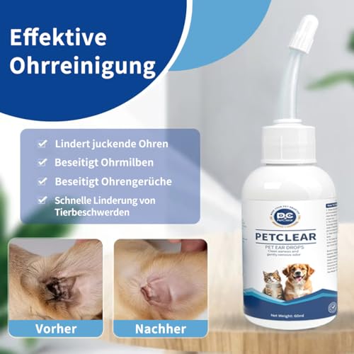 Ohrenreiniger hund Ohrenpflege für Hunde 60ml Ohrenreiniger stoppen Ohren Entzündungen und Juckreiz, Haustier Ohrreiniger für Hunde und Katzen, Hundeohrreinigungslösung, Schmutz, Geruchsentferner