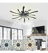 YUNLONG Lustre Ventilateur de Plafond Intelligent avec Télécommande et Commande Alexa, Aucun WiFi Requis, Luminaire Plafonnier Ventilateur, Design Floral Moderne, pour Chambre, Salon, Noir