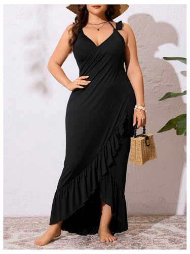 OYOANGLE Women's Plus Size Swim Cover Up Dress Wrap V Neck Ruffle Long Dresses Sarongs Swimwear4