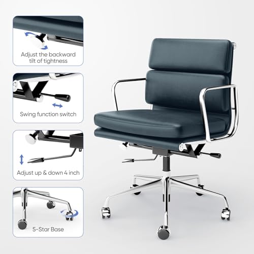 Image of Mid-Back Genuine Leather Office Chair, Padded Executive Desk Chair with Aluminum Arms and Base, Swivel Wheels with Lumbar Support & Tilting Function, Hight Adjustable, Silent Weheels, Dark Blue