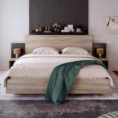 KOMHTOM Lit Double avec 2 Tables de Nuit,Moderne Table de Chevet en Une pièce lit en Bois avecSommier à Lattes, Cadre de Lit Plateforme pour Adultes, Adolescents(sans...