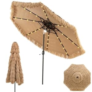 COSTWAY Sonnenschirm Hawaii 300 cm, Strohschirm mit LED-Solar-Beleuchtung und Doppeldach, Gartenschirm Stroh, Strandschirm neigbar, Marktschirm, Terrassenschirm für Garten, Balkon, Terrasse