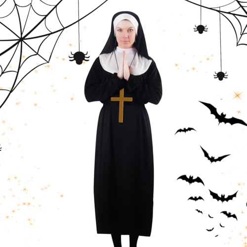 Genérico Disfraz de Monja para Mujer,Collar con Colgante de Cruz y Tocado Completo,Conjunto Tocado Monja - para Mujeres Adultas Fiesta de Halloween Cosplay Obra de Teatro