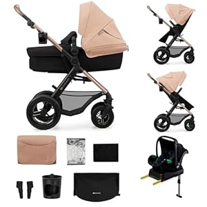 Kinderkraft MOOV2 AIR Kinderwagen 4 in 1 Kinderwagenset bis 22 kg mit Kindersitz I-SIZE 40-75 cm, Buggy Funktion, Liegeposition verstellbar, Große ausziehbare Verdeck, Aufblasbare Räder, Beige