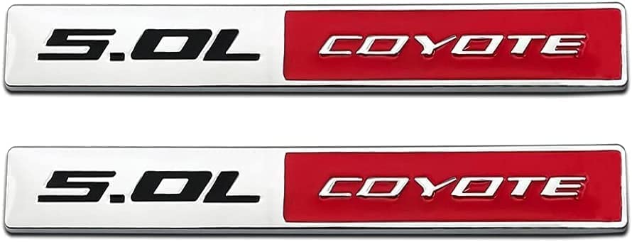 Image of 2X 5.0L Coyote Emblems, 3D Trim Fender Hook Trunk Badge Decals Stickers (Sliver-RED)
