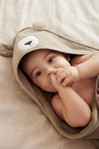 Image of MORI Baby Hooded Bath Towel with Bear Design in Taupe - Unisex Soft Cotton Wrap Cloth for Infants and Newborns - 30 x 30 inch