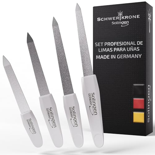 Schwertkrone Juego de limas de uñas, 4 unidades, lima de uñas de zafiro, grano fino y grueso, 4 tamaños, fabricadas en Solingen, para manicura y pedicura