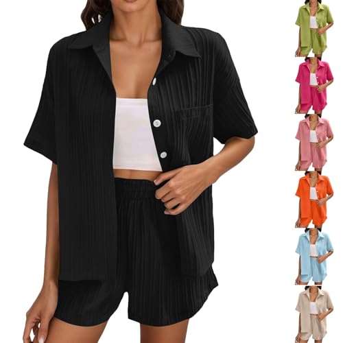 Womens Summer 2 Piece Outfit Ladies Leisure Co Ord Sets Button Down Cotton Linen Tee Shirt and Shorts with Pockets Lounge Set Tracksuit Y2K Aesthetic Clothes