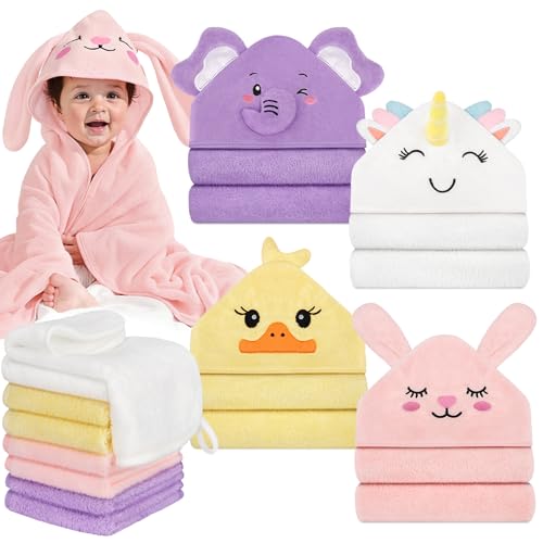 CandyHome 12 PCS Baby Bath Towels for Infants Toddlers, 4 PCS Animal Hooded Baby Towels & 8 PCS Washcloths Set, Ultra Absorbent Soft Cute Newborn Bath...