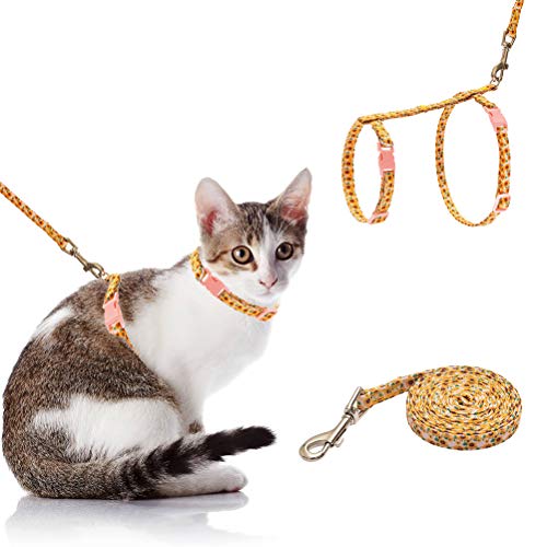 SCIROKKO Cat Harness with Leash Set - Escape Proof and Adjustable for Walking - Cute Fabric with Sunflower Pattern, Pink