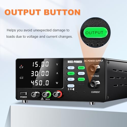 Image of NICE-POWER DC Power Supply Variable, 15V 30A 450W High Power Switching DC Regulated Bench Power Supply with Output Switch, OCP & OVP, Memory Function, Encoder Knob, 4-Digit LED Display, Lock Button