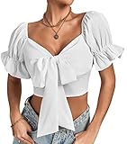 LYANER Women's Tie Knot V Neck Ruffle Trim Short Puff Sleeve Crop Top Blouse White Small