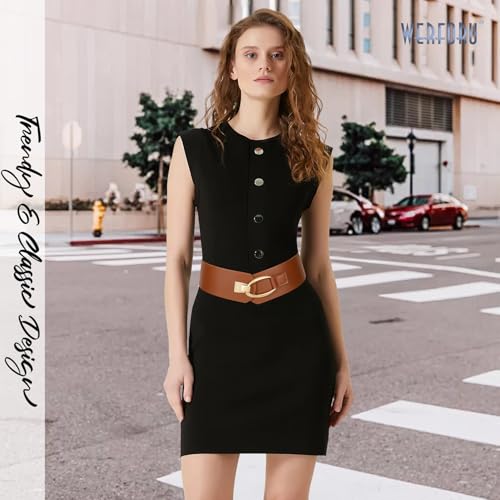 WERFORU Women Wide Elastic Belt Women Fashion Wide Belt with Gold Buckle Ladie Thick Waistbelt for Dresses,Silver,C-Brown,39.4" Length, Fit Waist Size 26"-30"4