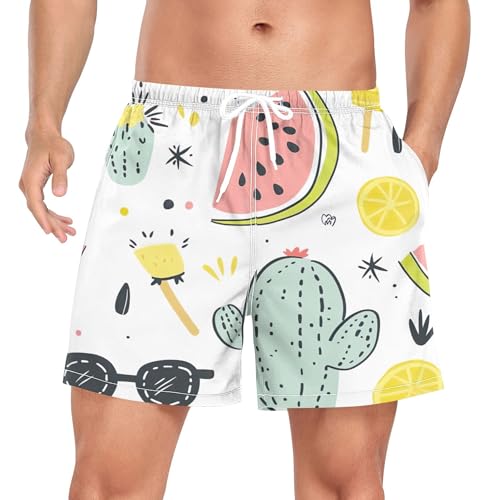 xigua Watermelon and Lemon Mens Swim Trunks with Liner, 5 inch Quick Dry Mens Boardshorts for Beach