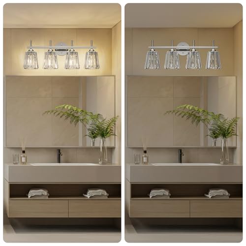 Image of Crystal Bathroom Light Fixtures Over Mirror, Chrome 4-Light Bathroom Vanity Lights Over Mirror Modern Wall Lighting Sconces with Ceramic E26 Base (Bulbs Not Include)