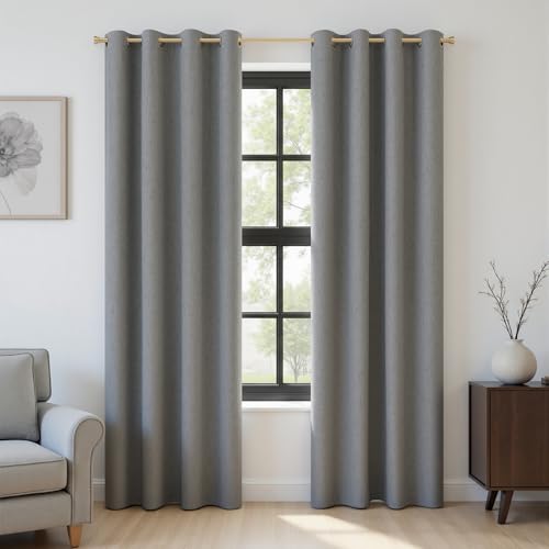 Image of 100% Blackout Linen Textured Curtains for Bedroom Full Light Blocking Room Darkening Bronze Grommet Window Drapes Thermal Insulated Energy Efficient Home Decor 52x72 Grey Gray (2 Panels)