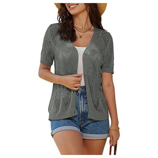Women's 2023 Summer Short Sleeve Crochet Cardigan Shrug V Neck Bolero Sweater Tops Grey M