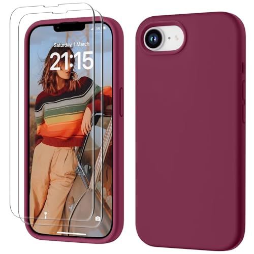 GOODVISH 3 IN 1 for iPhone 17e Case/iPhone 16e Case Liquid Silicone, [with 2 HD Screen Protector][Full Body] Protective Cover Anti Slip Slim Soft Microfiber Lining iPhone 17 e Phone Case, Wine Red