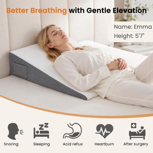 Image of Vekkia 31 inch Extra-Long Wedge Pillow for Sleeping & Resting, Back Support | 7.5 inch Height Bed Wedge for Adult Acid Reflux Relief, Sleeping, Snoring, Post Surgery, Washable Cover & Dual Pockets,White /Gray