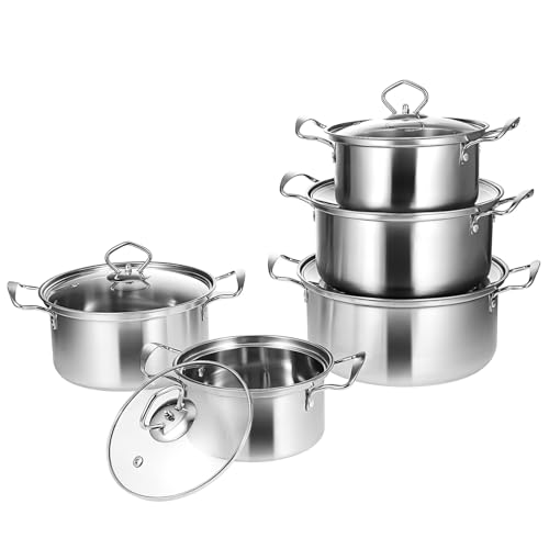 ELAYARD 5 ensembles Casseroles en acier inoxydable avec double poignées, faitouts avec couvercles en verre trempé, batterie de cuisine résistante compatible induction, pots à soupe