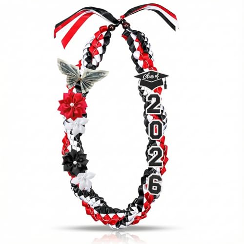 Lyrow Red Black 50'' 2026 Graduation Lei Double Braided Strands Graduation Ribbon Leis with 4 Satin Flowers Congrats Graduates Money Leis Class of 2026 Gift for Men Women