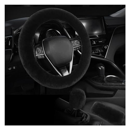 Kewucn 3PCS Fuzzy Car Steering Wheel Cover, Fluffy Soft Fur Wheel Protector for Warm Winter, 15'' Anti-Slip Steering Wheel Covers, Universal Vehicle Interior Accessories for Men Women (Black)