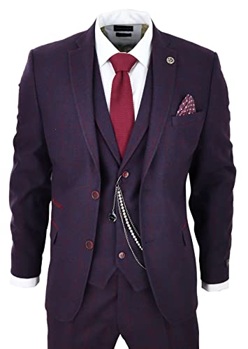 Men's 3 Piece Suit Wool Tweed Plum Wine Check 1920s Gatsby Formal Dress Suits3