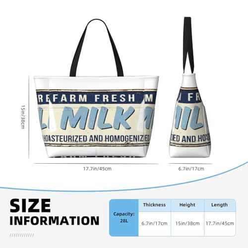 Vintage Farm Fresh Milk Print Large Beach Tote Bag for Women Extra Large Capacity Sandproof Waterproof Pool Bag Suitable for Swimming Pool Gym Groceries Travel4