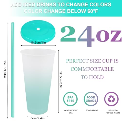 CYH 10 Pcs Reusable Plastic Tumblers with Lids & Straws - 24oz Cute Colour Changing Cups, Bulk Iced Coffee Cup Party Tumbler Set Travel Cups for Kids Adults Party Smoothie Cup Travel Mugs
