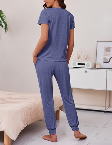 Image of Ekouaer 2 pack Pajama Sets for Womens Jogger Pants Pjs Short Sleeves Lounge Set Soft Sleepwear with Pockets