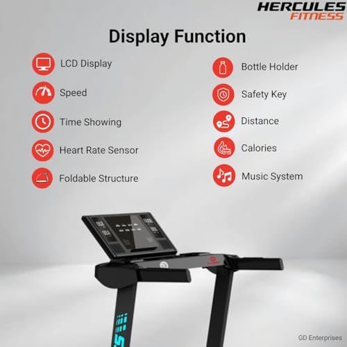 Image of Hercules Fitness T2250 1.5 /3.0 HP Peak BLDC Motorized Foldable Treadmill | 15 Level Auto Incline | Bluetooth MP3 Player Available | Max Speed 16 Km /Hr | Max User Weight 110 Kg