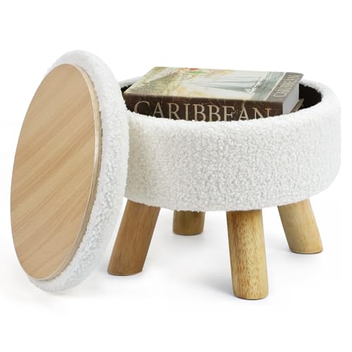 OGEMXU Ottoman-Fußhocker, Kleine Runde Ottomane mit Stauraum, Bouclé-Teddy-Samt-Fußhocker mit Holzbeinen, weiche hocker mit stauraum für Wohnzimmer, Schlafzimmer, (cremefarben) (cremefarben)