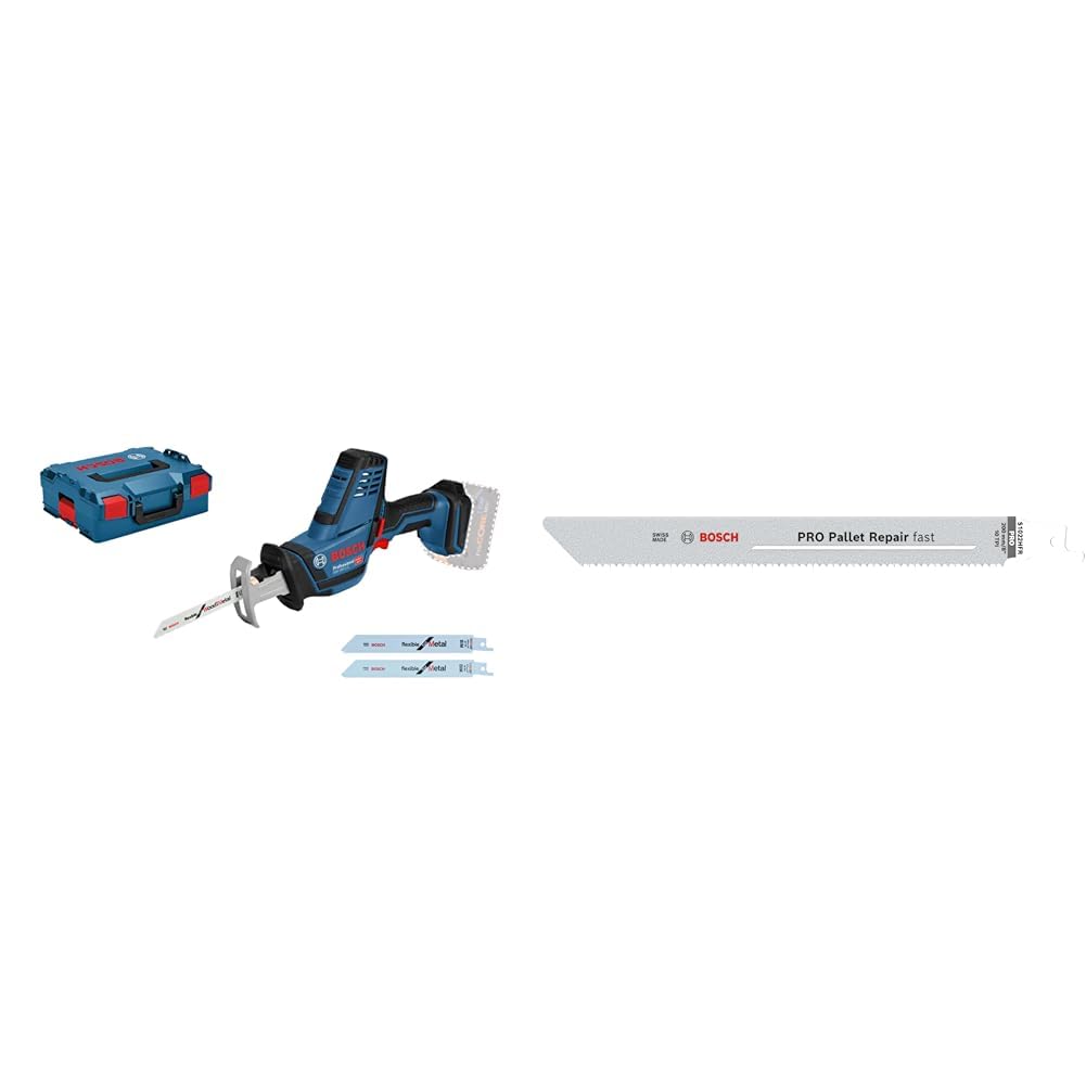 Bosch Professional 18V System Akku Säbelsäge GSA 18 V-LI C (inkl. 3x Säbelsägeblatt, ohne Akku/Ladegerät) + 5x PRO Pallet S1022HFR Repair fast Säbelsägeblatt (Stahl, Holz mit Nägeln, Länge 200 mm)