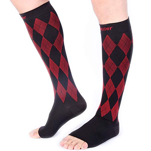 Doc Miller Open Toe Compression Socks 1 Pair 20-30mmHg Knee High (BlkRed S)