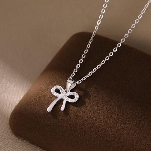 Image of Reffeer Solid 925 Sterling Silver CZ Bow Necklace Chain for Women Teen Girls Crystal Bow Pendant Necklace Choker Bowknot