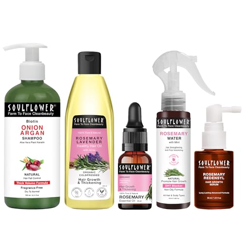 Soulflower Rosemary Healthy Hair Growth Regime | Rosemary Essential Oil, Rosemary Hair Oil, Onion Biotin Shampoo, Redensyl Hair Growth Serum, Rosemary Water for Hair Fall Control - Pack of 5 (670ml)