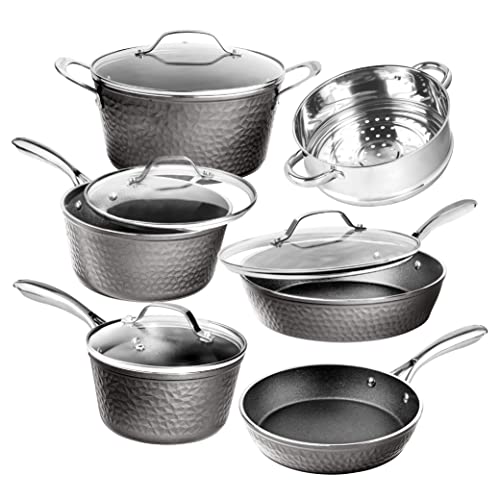 Granitestone Diamond 10 Piece Nonstick Pots and Pans Set with Platinum Hammered Exterior, Mineral & Diamond Infused Ultra Nonstick, Dishwasher Safe Cookware Set, Induction Capable, As Seen on TV