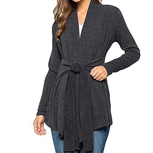 Sliveal Cardigan à Nouer à la Taille pour Femme, Haut décontracté à Manches Longues et à Manches Longues, Cardigan à la Mode pour Femme, Poche décorative décontractée de Couleur Unie Cover