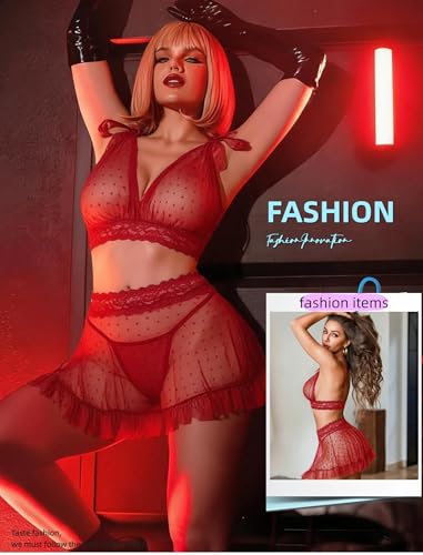 Avidlove Sexy Lingerie Set for Women See Through Lingerie Datting Nightwear Polka Dot Mini Skirt Set Dark Red XXL — view 4