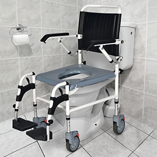 COSTWAY Commode Wheelchair, Height Adjustable Toilet Shower Chair with Removable Bucket, Flip-up Footrest and Sponge Cushion, Mobile Bedside Commodes for Elder, Disabled People