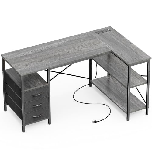 Image of Huuger L Shaped Office Desk with Power Outlets & 3 Drawers | 47 Inch Computer Desk with Shelves, for Gaming, Corner Work, Home Office, Study, Grey