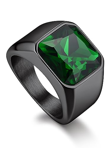 Bandmax Bague Homme Ḗmeraude de Synthèse Taille 62, Bague Noir avec Solitaire en Verre de 12mm