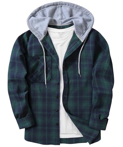 ZITY Men's Flannel Hoodie Shirts Casual Button Down Plaid Shirt Jackets for Men Long Sleeve Stylish Hooded with Pocket Blue Green Navy Large