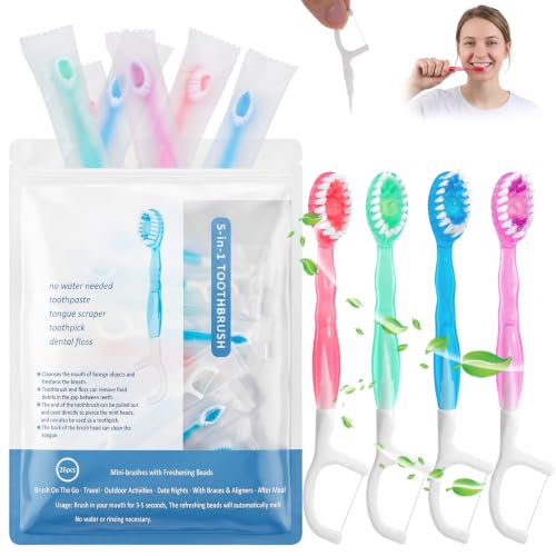 26 Cepillos de Dientes Desechables 5 en 1 Portátiles para Viaje, Mini Cepillo Portátil con Pasta de Dientes, Hilo Dental, Raspador de Lengua y Palillo, Envueltos Individualmente, Sabores Surtidos