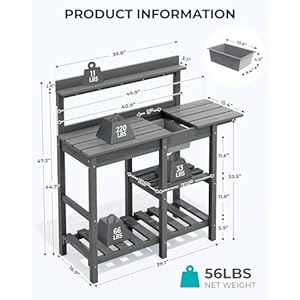 SERWALL Potting Bench Outdoor Potting Table with Sink HDPE Potting Benches for Outside Gardening Table All Weather Use Gray