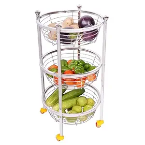NAVUM ROSHANI Stainless Steel Round Fruit & Vegetable Trolley, Kitchen Basket, Kitchen Trolley (Round Trolley-3 Layer-13 Inch) Wt-3.0kg