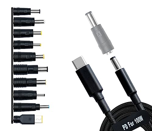 USB C to DC Adapters 10PCS Power Plug Kit, Universal Charger Supply 100W PD Power Cable & 5.5x2.1mm Round Barrel Jack for Sony Toshiba Samsung Acer Asus Lenovo Dell HP Laptop Charging Connector Tips
